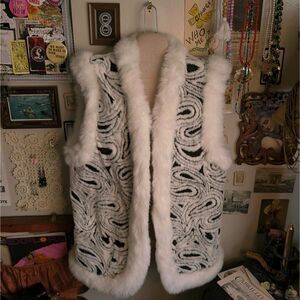 Vintage Shearling Swirl Patterned Vest Women's 3XL Black White Fur Wool Fleece